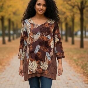 LOGO by Lori Goldstein Leaf Tunic Top Womens Large Fall Brown Mixed Print
